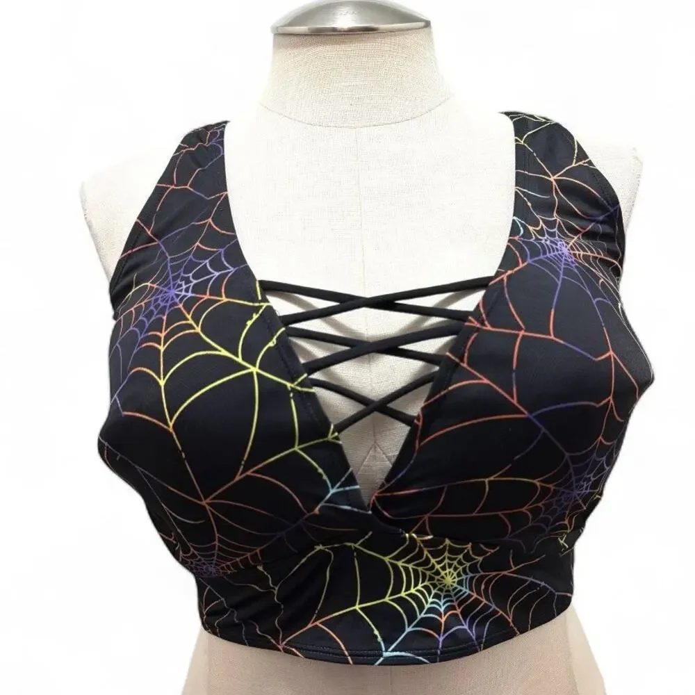 Torrid 5 (5X) Rainbow Spiderweb XO Strappy Padded Triangle Bikini Top‎ Wireless